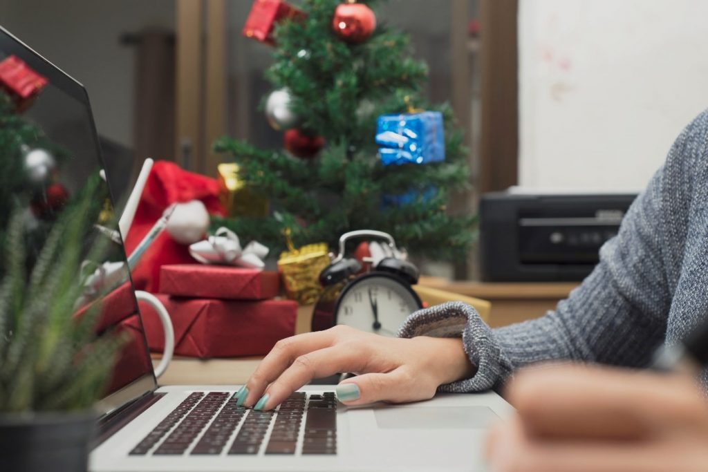 Christmas image in an office with a laptop