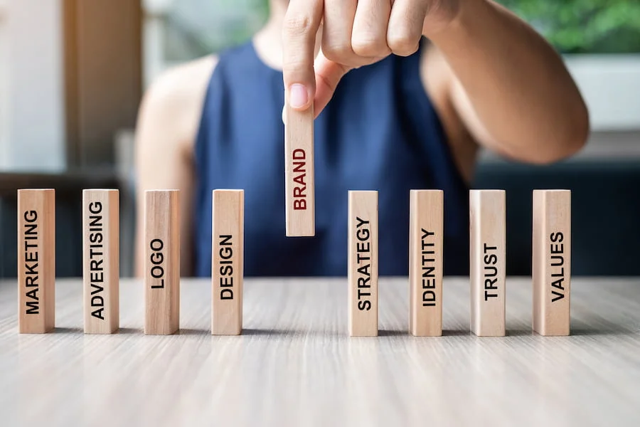 wood bits with words related to marketing