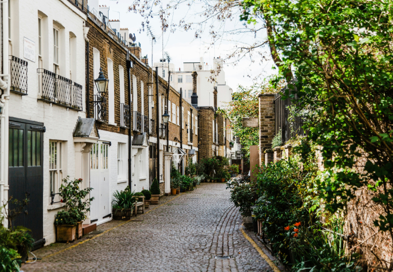 lovely street in the UK with flowers